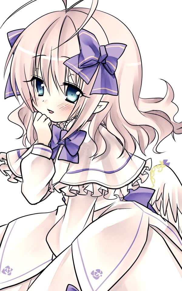 lizrin, angel feather alma, emil chronicle online, 1girl, antenna hair, blue eyes, blue ribbon, capelet, dress, frilled capelet, frills, from side, hair ribbon, open mouth, pointy ears, ribbon, solo, white capelet, white dress, white hair, white wings, wings