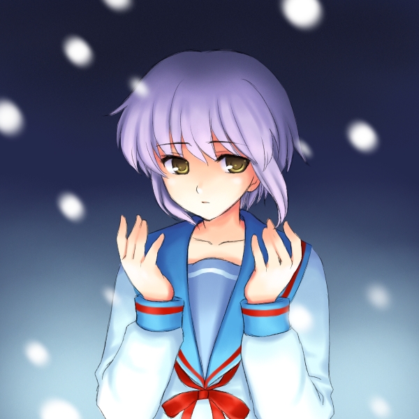 atsukan, nagato yuki, suzumiya haruhi no yuuutsu, light purple hair, 00s, brown eyes, school uniform, serafuku, short hair, solo, unknown
