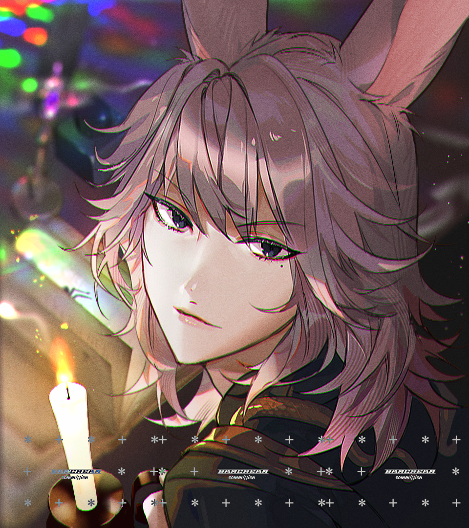 bamcream, final fantasy, final fantasy xiv, commentary, commission, english commentary, 1girl, animal ears, black eyes, black shirt, blurry, blurry background, brown hair, candle, closed mouth, long hair, looking at viewer, portrait, rabbit ears, rabbit girl, shirt, solo, viera