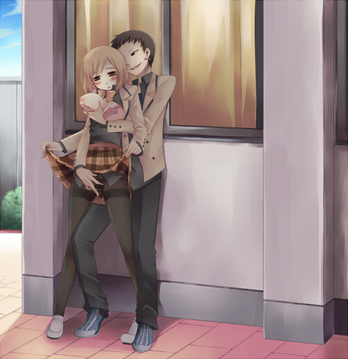 toriumi itachi, kageyama kitsune, nonomura ayumi, hyakko, 00s, 1boy, 1girl, black pantyhose, blush, bra, breasts, brown eyes, brown hair, clothes lift, crotch seam, fingering, grabbing another's breast, groping, hetero, lingerie, nipples, open clothes, open shirt, panties, panties under pantyhose, pantyhose, pussy juice, school uniform, shirt, short hair, skirt, skirt lift, thighband pantyhose, underwear, upskirt