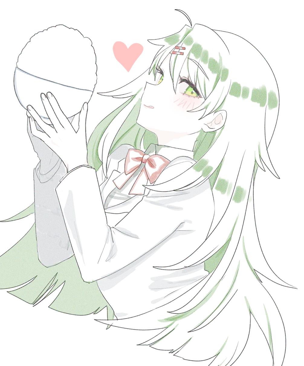 eurasia (wtp09ptw14), original, commentary request, highres, 1girl, :q, ahoge, blush, bow, bowl, bowtie, closed mouth, cropped torso, double-parted bangs, food, from side, green eyes, green hair, hair between eyes, hair ornament, hairclip, heart, holding, holding bowl, jacket, licking lips, long hair, long sleeves, looking at viewer, looking to the side, parallel hairclips, partially colored, red bow, red bowtie, rice, rice bowl, simple background, sketch, solo, tongue, tongue out, white background, white jacket
