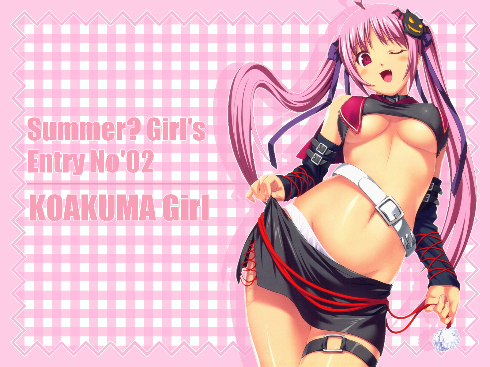 koutaro, original, highres, 1girl, ;d, belt, breasts, crop top, female focus, groin, large breasts, one eye closed, open mouth, pink hair, skirt, smile, solo, twintails, underboob, undressing