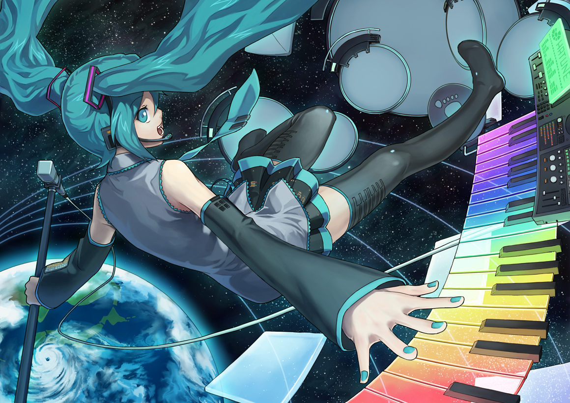 ryuutetsu, hatsune miku, vocaloid, 1girl, aqua eyes, aqua hair, aqua nails, detached sleeves, earth (planet), female focus, instrument, keyboard, keyboard (instrument), long hair, microphone, microphone stand, nail polish, necktie, outstretched arm, planet, skirt, sky, solo, space, star (sky), starry sky, synthesizer, thighhighs, twintails, zettai ryouiki