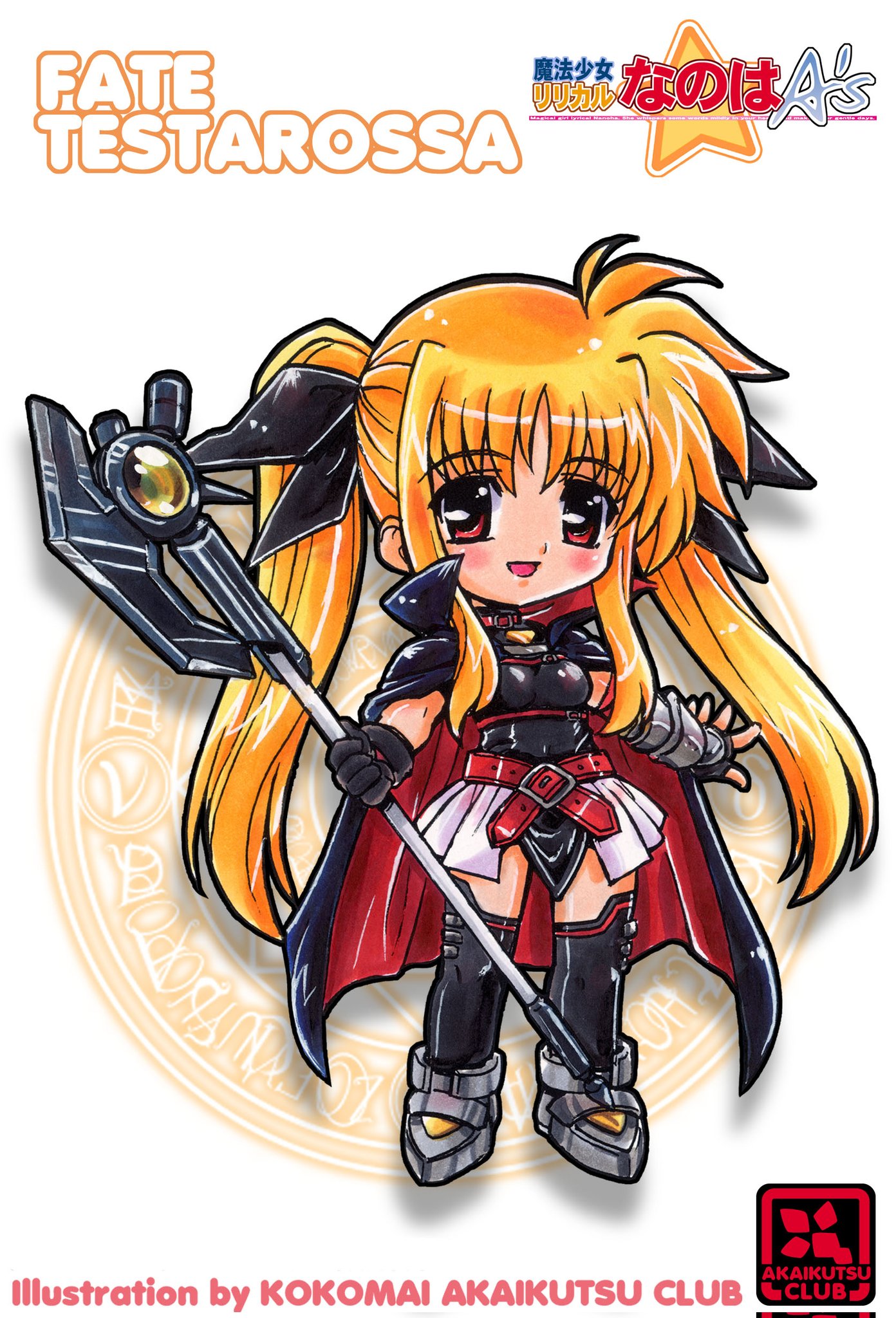 kokomahi, bardiche (assault form) (nanoha), bardiche (nanoha), lyrical nanoha, mahou shoujo lyrical nanoha, mahou shoujo lyrical nanoha a's, commentary, highres, 1girl, armored shoes, artist name, asymmetrical gloves, axe, belt, belt buckle, black bow, black cape, black gloves, black leotard, black thighhighs, blonde hair, bow, buckle, cape, character name, chest belt, chibi, chibi only, circle name, copyright name, crossed belts, fingerless gloves, full body, gloves, hair bow, holding, holding axe, leotard, long hair, looking at viewer, magic circle, magic circle background, magical girl, open mouth, red belt, red cape, red eyes, showgirl skirt, skirt, smile, solo, standing, thighhighs, twintails, two-sided cape, two-sided fabric, vambraces, white skirt