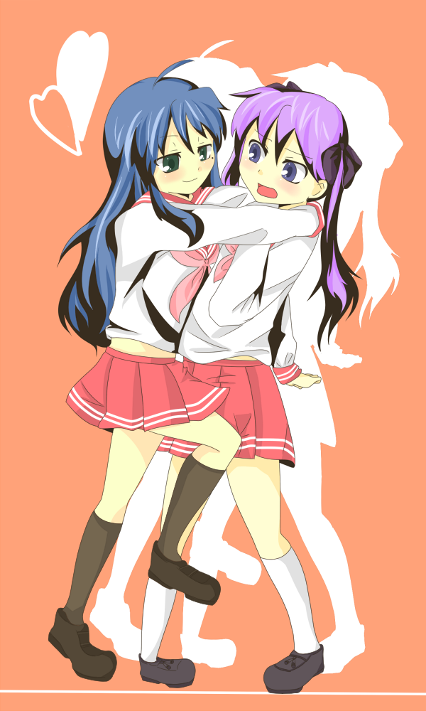 amamizu (air1012), hiiragi kagami, izumi konata, lucky star, 00s, ahoge, hug, school uniform, serafuku