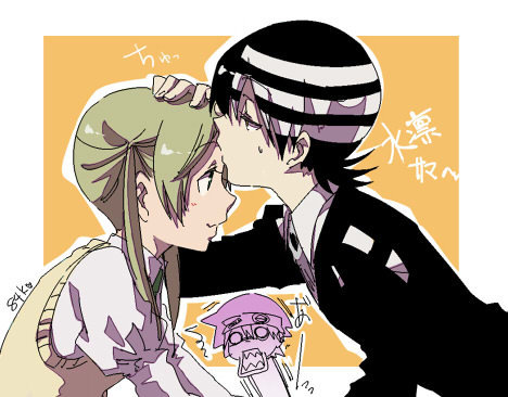 shuri (84k), death the kid, maka albarn, soul evans, soul eater, lowres, 00s, 1girl, 2boys, black hair, blonde hair, dress, kiss, kissing forehead, multiple boys, sweat