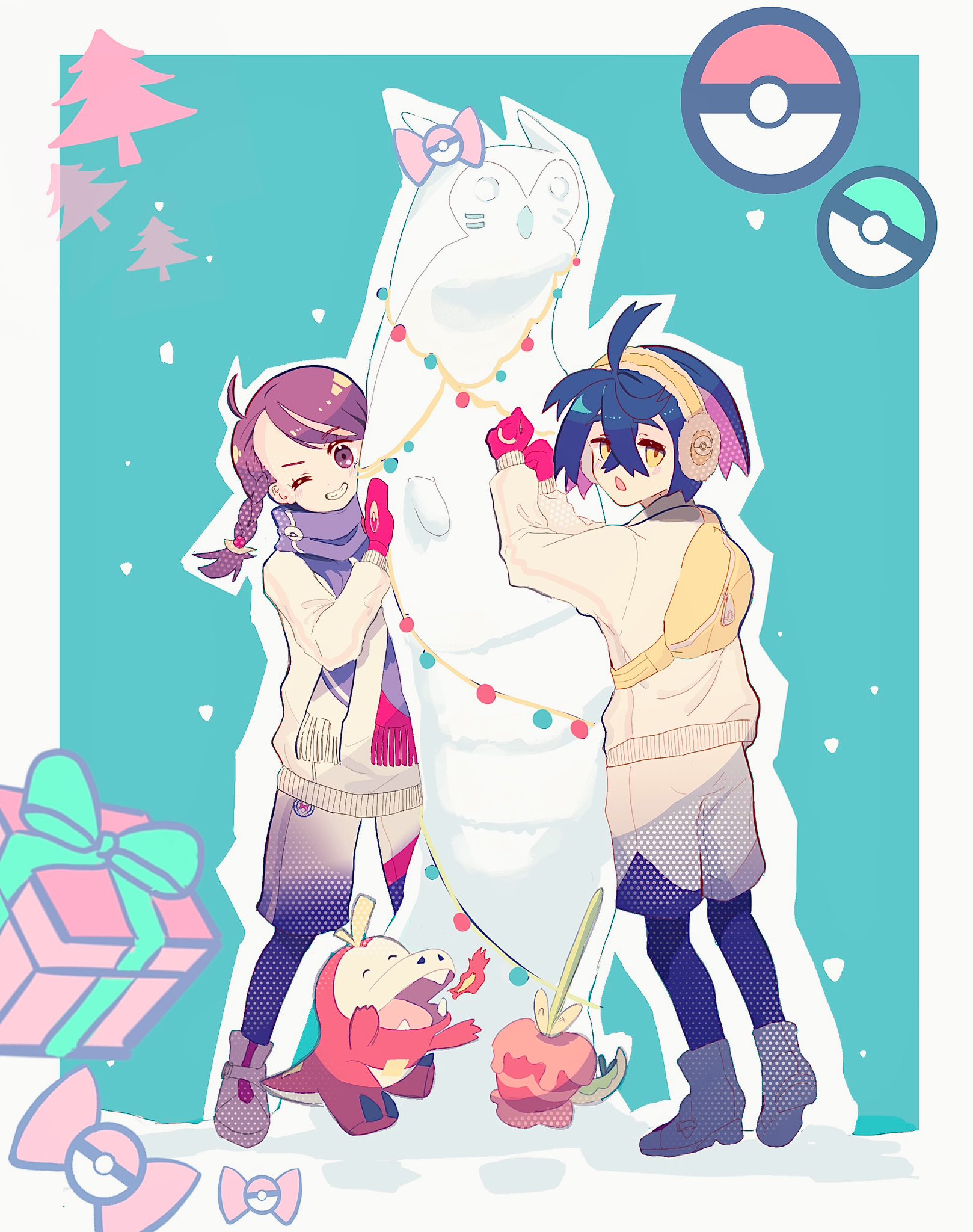 vivionlyart, applin, fuecoco, furret, juliana (pokemon), kieran (pokemon), nintendo, pokemon, pokemon sv, highres, :o, blue hair, bow, box, braid, brown hair, christmas, closed eyes, earmuffs, full body, gen 2 pokemon, gen 8 pokemon, gift, gift box, grin, hair between eyes, one eye closed, outline, poke ball, pokemon (creature), purple scarf, scarf, shirt, shoes, shorts, smile, snow, teeth, white outline, winter, yellow bag, yellow eyes, yellow shirt, yellow shorts