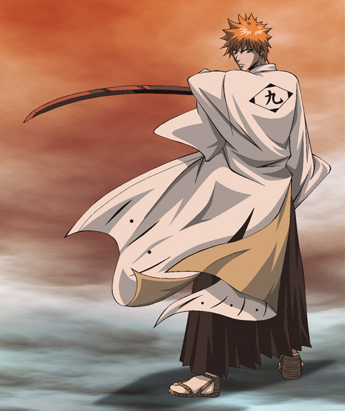 kurosaki ichigo, bleach, 00s, 1boy, alternate costume, haori, japanese clothes, male focus, orange hair, solo, sword, taichou haori, weapon
