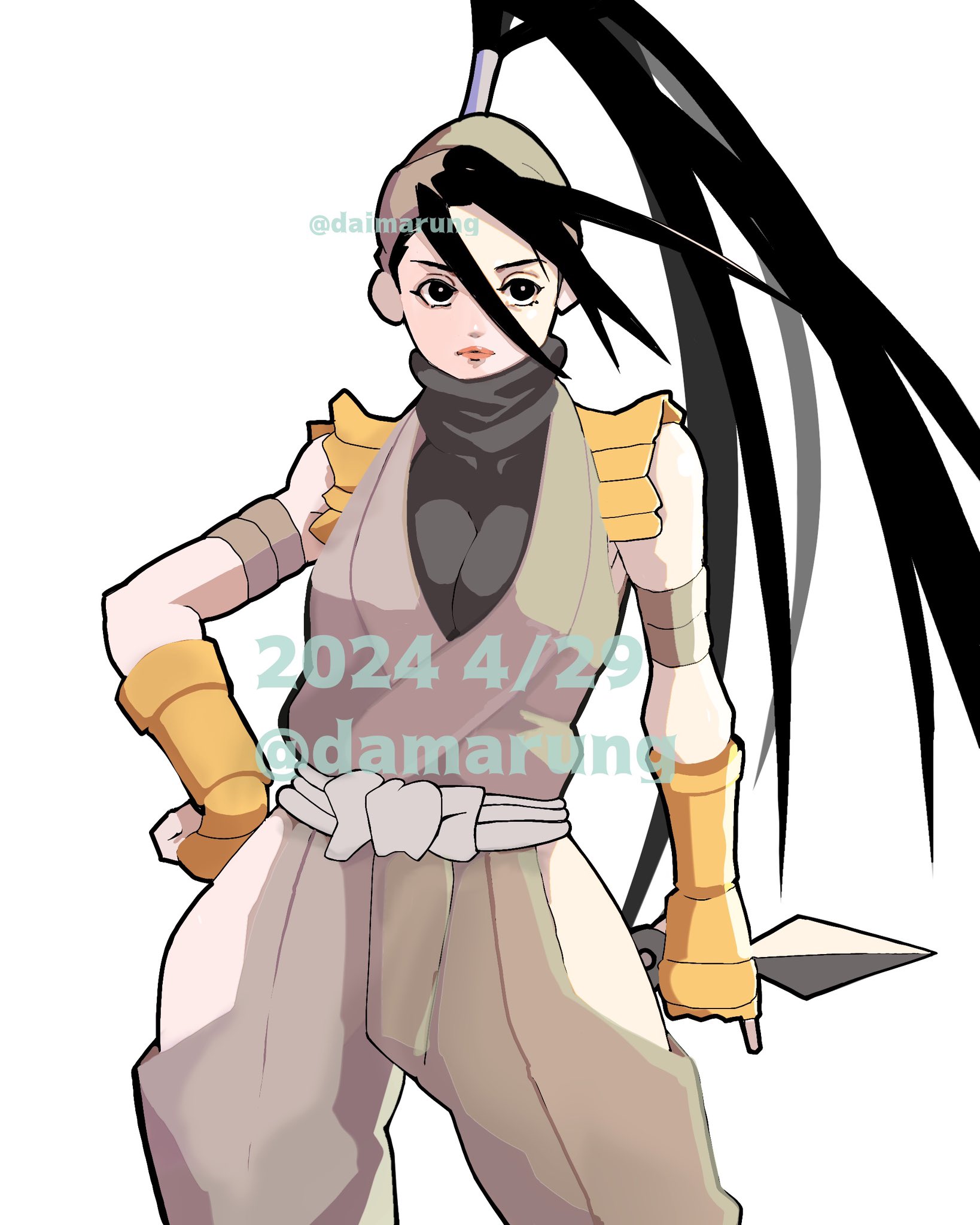 daimaru (s29y2c), ibuki (street fighter), street fighter, highres, 1girl, black eyes, black hair, breasts, cleavage, clothing cutout, dated, fingerless gloves, gloves, hand on own hip, headscarf, high ponytail, hip vent, holding, holding knife, knife, kunai, long hair, looking at viewer, ninja, ponytail, simple background, solo, turtleneck, watermark, weapon, white background, yellow gloves