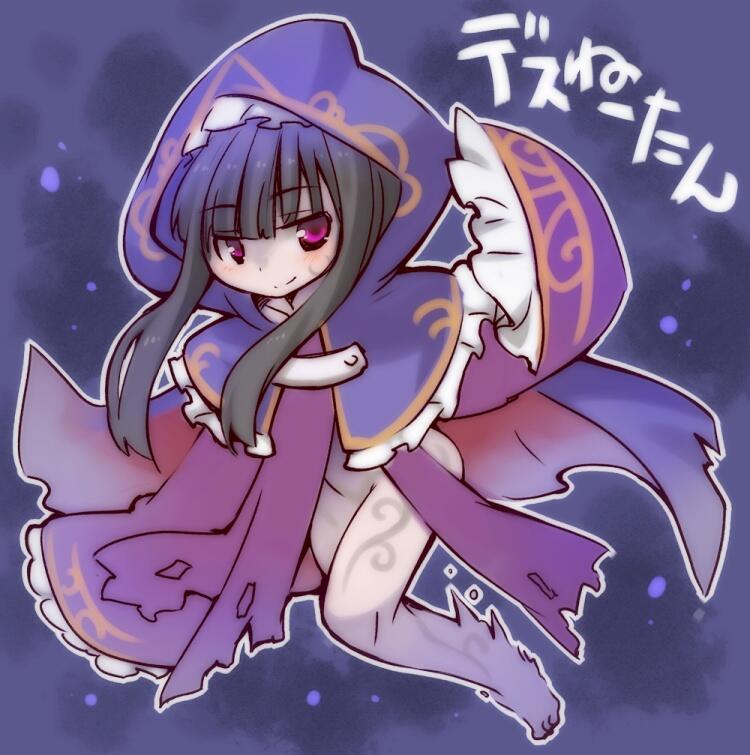 rakisuke, death alma, emil chronicle online, 1girl, barefoot, black hair, blue background, blue hood, body markings, cloak, colored skin, frilled hood, frills, ghost girl, hood, long sidelocks, no panties, purple cloak, purple eyes, purple robe, purple skin, robe, shinigami, sidelocks, solo, torn clothes