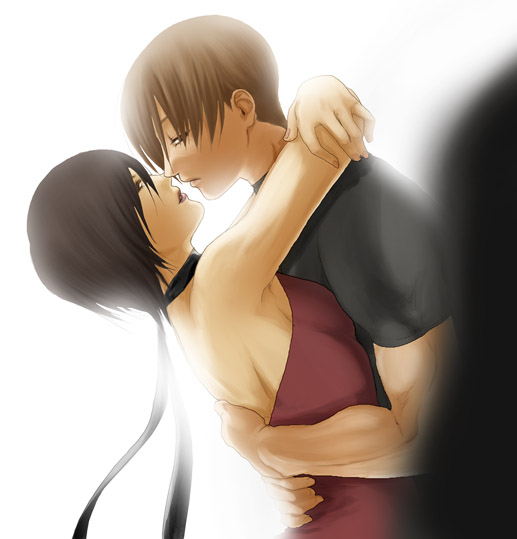 hazaki yamato, ada wong, leon s. kennedy, capcom, resident evil, resident evil 4, bad id, bad pixiv id, 1boy, 1girl, black hair, brown hair, couple, dress, hetero, hug, imminent kiss, red dress, short hair