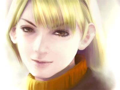 egu, eou, ashley graham, capcom, resident evil, resident evil 4, bad id, bad pixiv id, lowres, 1girl, blonde hair, bob cut, brown eyes, female focus, orange shirt, realistic, shirt, solo