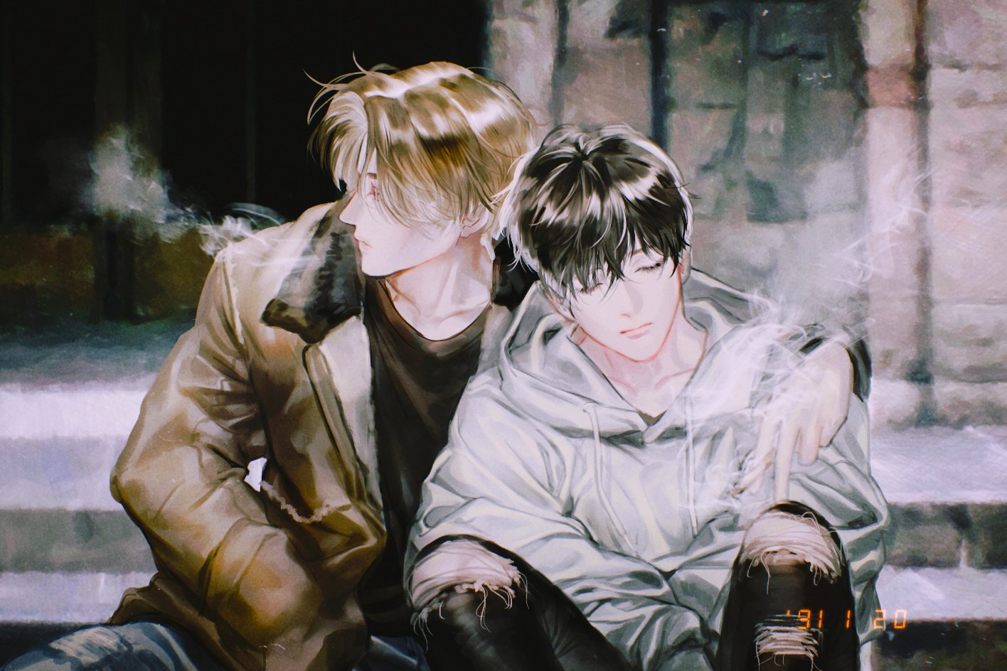 mukashi95, 2boys, alain saverio, arm on another's shoulder, black hair, black pants, black shirt, blowing smoke, brown hair, brown jacket, cigarette, closed eyes, crossed arms, denim, hand in pocket, haruka tooki ie, hayden stewart, holding, holding cigarette, hood, hoodie, jacket, jeans, leather, leather jacket, looking to the side, multiple boys, on floor, pants, shirt, smoke, torn clothes, torn jeans, torn pants, white hoodie, yaoi