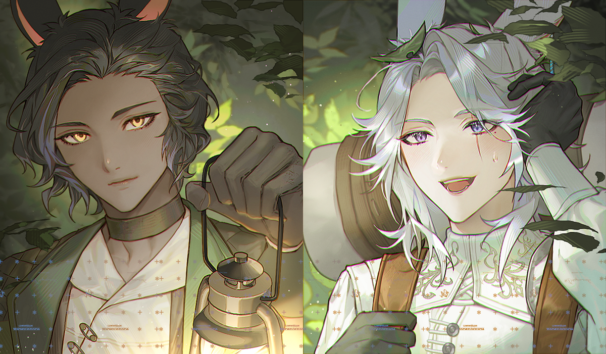 bamcream, erenville, final fantasy, final fantasy xiv, commentary, commission, english commentary, 2boys, :d, animal ears, backpack, bag, black choker, black gloves, black hair, choker, closed mouth, dark-skinned male, dark skin, gloves, green jacket, holding, holding lantern, jacket, lantern, leaf, leaf on head, long hair, long sleeves, looking at viewer, male focus, multiple boys, open clothes, open jacket, open mouth, parted bangs, portrait, purple eyes, rabbit ears, shirt, short hair, smile, sweatdrop, viera, white hair, white shirt, yellow eyes