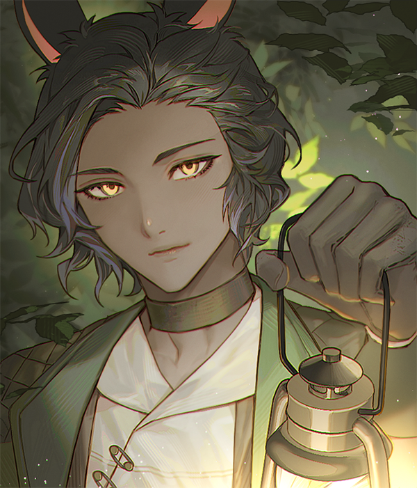 bamcream, erenville, final fantasy, final fantasy xiv, commentary, commission, english commentary, 1boy, animal ears, black choker, black hair, choker, closed mouth, dark-skinned male, dark skin, green jacket, holding, holding lantern, jacket, lantern, looking at viewer, male focus, open clothes, open jacket, portrait, rabbit ears, short hair, solo, viera, yellow eyes