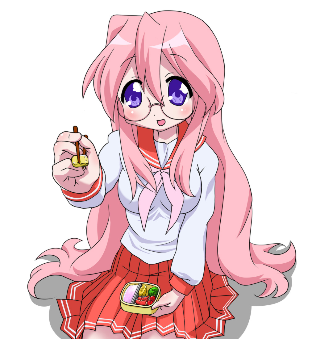 yagami (artist), yagami (mukage), takara miyuki, lucky star, 00s, 1girl, bento, blue eyes, female focus, food, food art, glasses, long hair, omelet, pink hair, school uniform, serafuku, solo, tako-san wiener, tamagoyaki