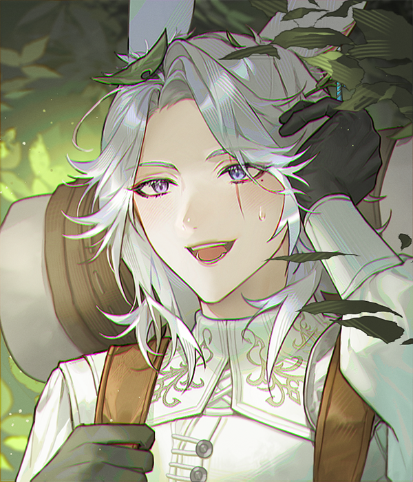 bamcream, final fantasy, final fantasy xiv, commentary, commission, english commentary, 1boy, :d, animal ears, backpack, bag, black gloves, gloves, leaf, leaf on head, long hair, long sleeves, male focus, open mouth, parted bangs, portrait, purple eyes, rabbit ears, shirt, smile, solo, sweatdrop, viera, white hair, white shirt