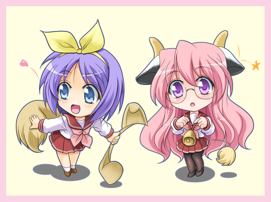 fujimori mikan, hiiragi tsukasa, takara miyuki, lucky star, bad id, bad pixiv id, 00s, animal ears, bell, blue eyes, chibi, cow ears, cow girl, glasses, hair ribbon, horns, long hair, pantyhose, pink hair, purple eyes, purple hair, ribbon, school uniform, serafuku, short hair, tail