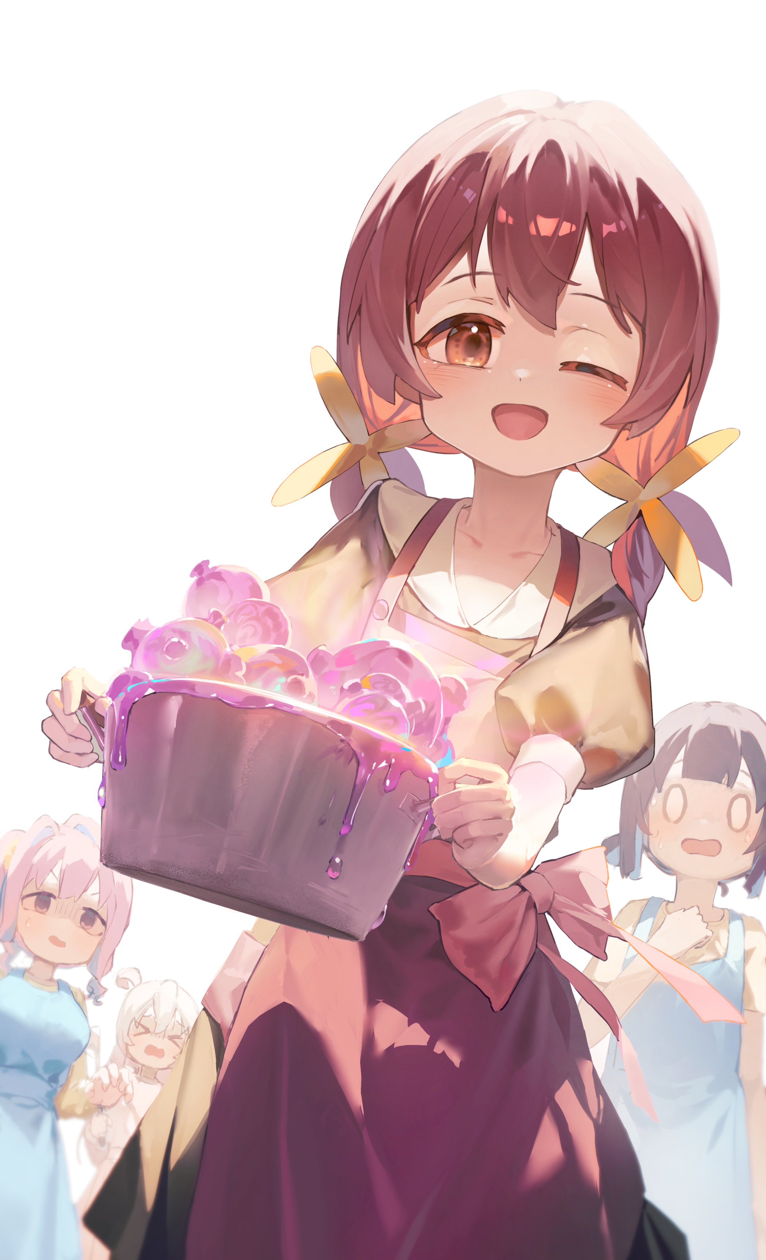 ap04astral, hozuki kaede, hozuki momiji, murosaki miyo, oyama mahiro, onii-chan wa oshimai!, absurdres, highres, > <, 0 0, 4girls, ahoge, apron, brown eyes, brown hair, cooking pot, hair ornament, holding, holding cooking pot, long hair, looking at another, looking at viewer, multiple girls, one eye closed, open mouth, pink hair, red hair, shaded face, short sleeves, siblings, simple background, sisters, slime (substance), smile, white background