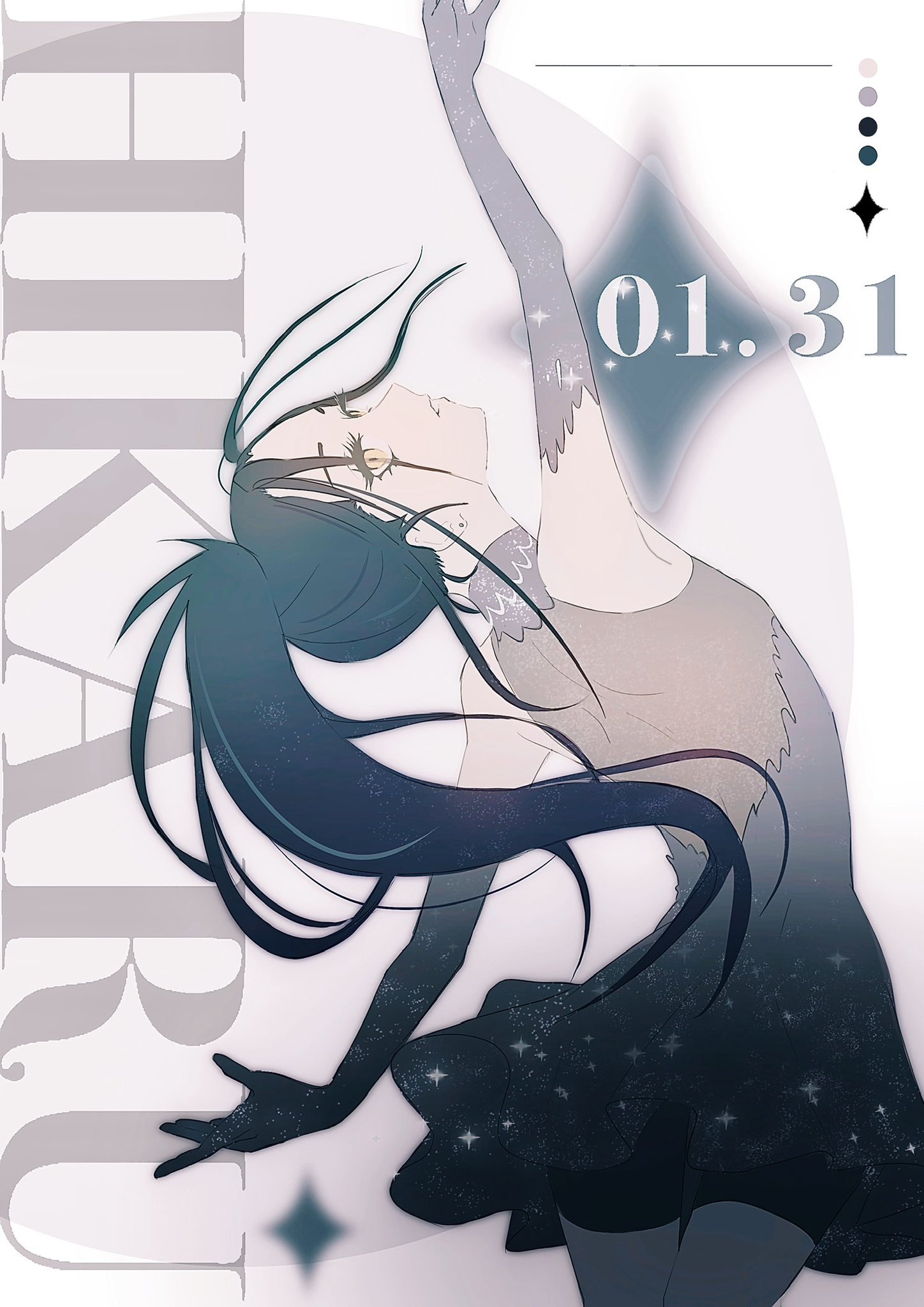 vivionlyart, kamisaki hikaru, medalist (manga), highres, 1girl, abstract background, blue dress, blue hair, character name, cowboy shot, dress, elbow gloves, gloves, long hair, ponytail, solo, yellow eyes