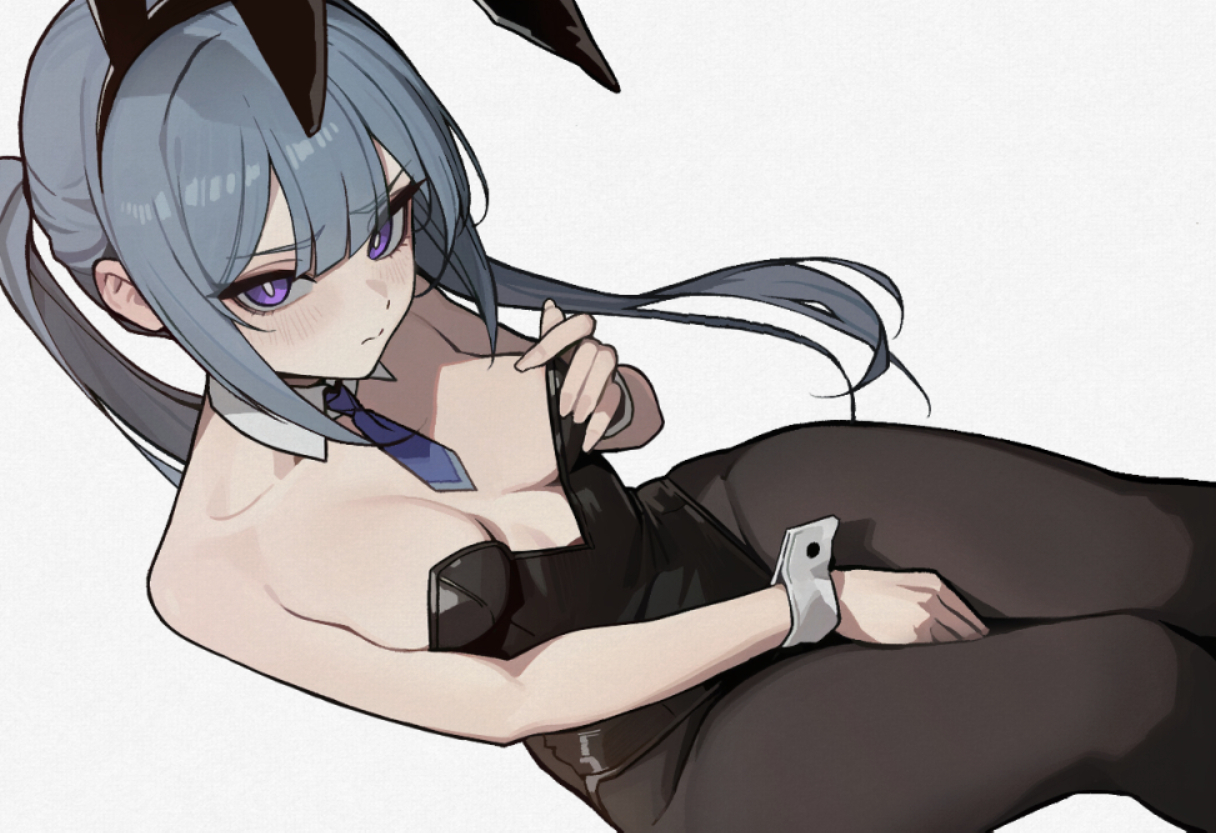 rusellunt, original, 1girl, bare shoulders, black leotard, black pantyhose, blue hair, blue necktie, breasts, collarbone, detached collar, leotard, long hair, looking at viewer, necktie, pantyhose, playboy bunny, purple eyes, small breasts, solo, very long hair, wrist cuffs