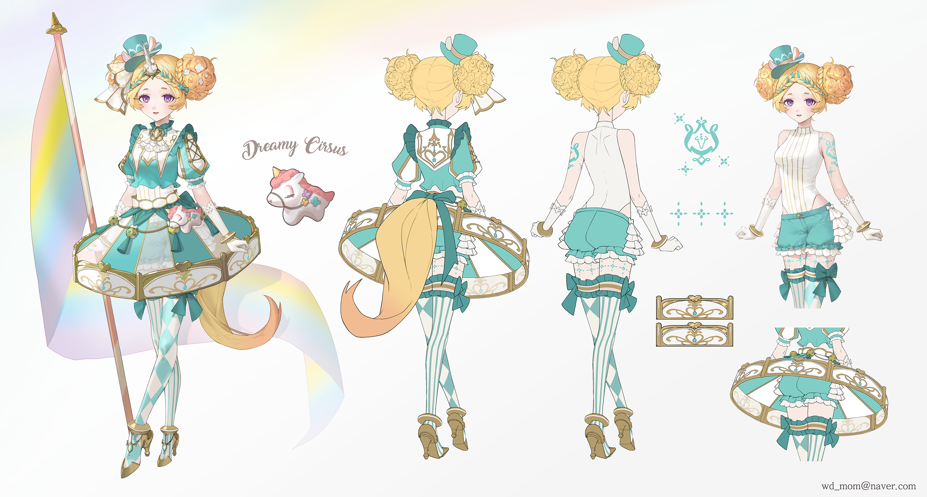 bamcream, original, commentary, english commentary, highres, 1girl, :d, argyle clothes, argyle pantyhose, blonde hair, double bun, dress, flag, full body, gloves, gold shoes, green dress, green hat, green pantyhose, hair bun, hat, high heels, looking at viewer, multiple views, open mouth, pantyhose, purple eyes, reference sheet, shoes, short hair, short sleeves, simple background, smile, standing, striped clothes, striped pantyhose, white background, white gloves