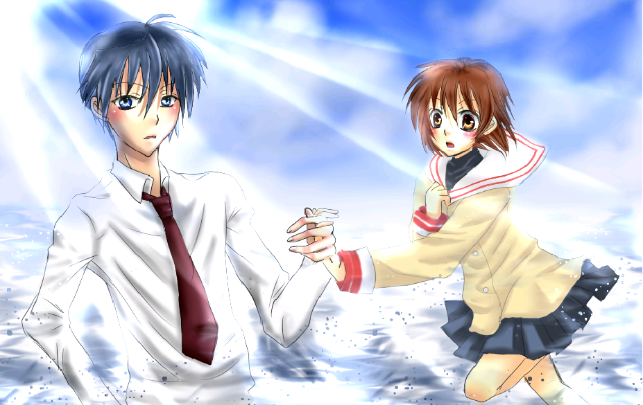 furukawa nagisa, okazaki tomoya, clannad, bad id, bad pixiv id, 00s, 1boy, 1girl, blue hair, brown eyes, brown hair, couple, hetero, school uniform, short hair
