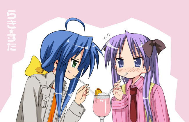 kiriya haruhito, hiiragi kagami, izumi konata, lucky star, 00s, 2girls, ahoge, blush, drink, drinking, drinking straw, from side, jacket, long hair, long sleeves, multiple girls, necktie, open clothes, open jacket, orange shirt, profile, red necktie, shirt, sidelocks, upper body, very long hair