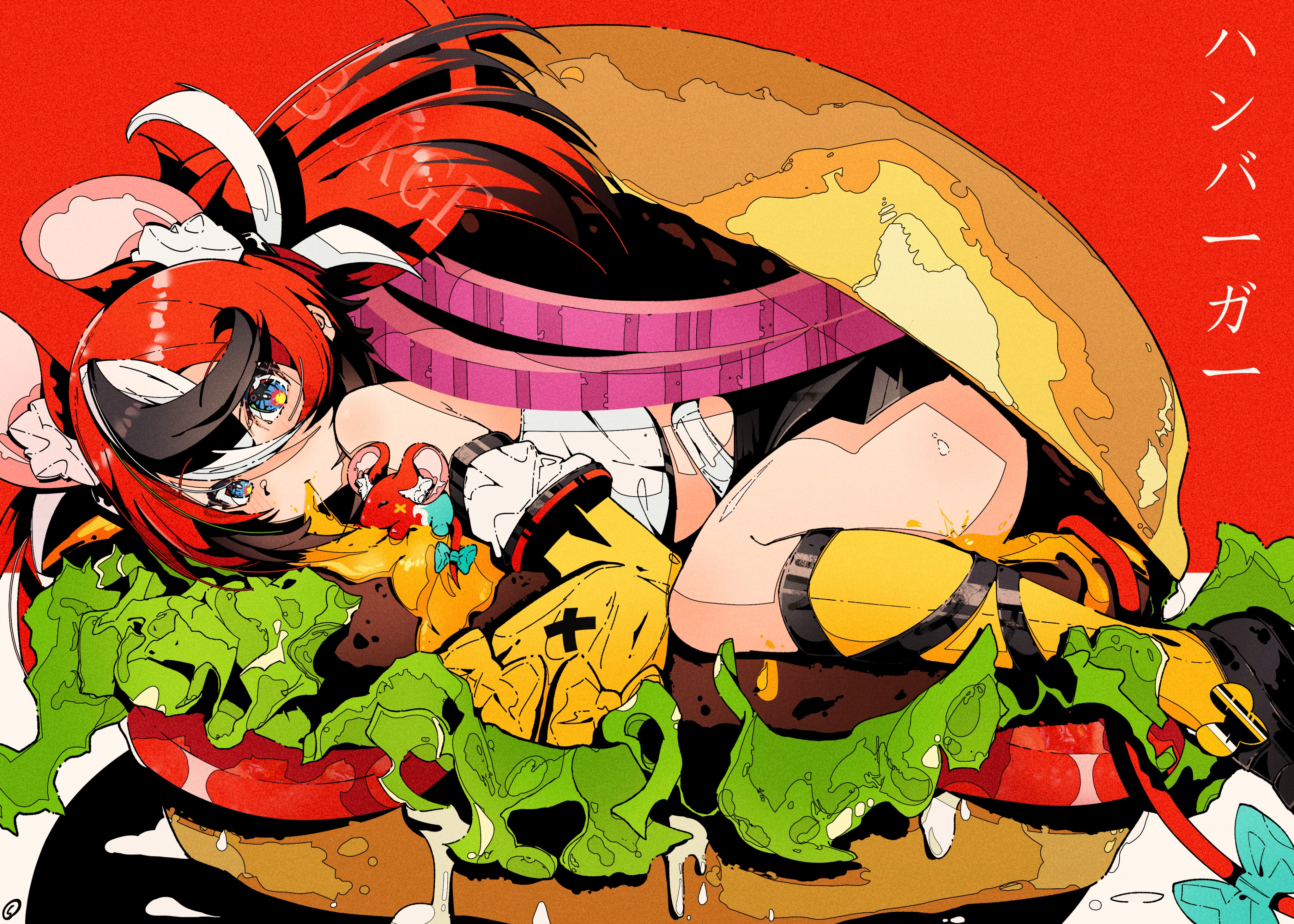 giaggiolo, hakos baelz, mr. squeaks (hakos baelz), hololive, hololive english, absurdres, highres, 1girl, animal ears, black hair, blue eyes, blush, breasts, burger, food, hair ornament, long hair, looking at viewer, mouse ears, mouse girl, mouse tail, multicolored hair, red hair, solo, streaked hair, tail, virtual youtuber, white hair