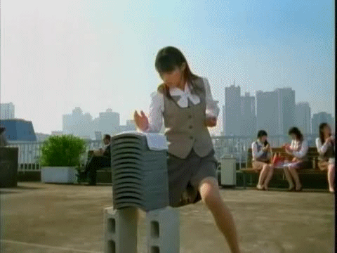 animated, animated gif, lowres, off-topic, photo (medium), translated, 4girls, asian, brick, commercial, female focus, headbutt, multiple girls, school uniform, what