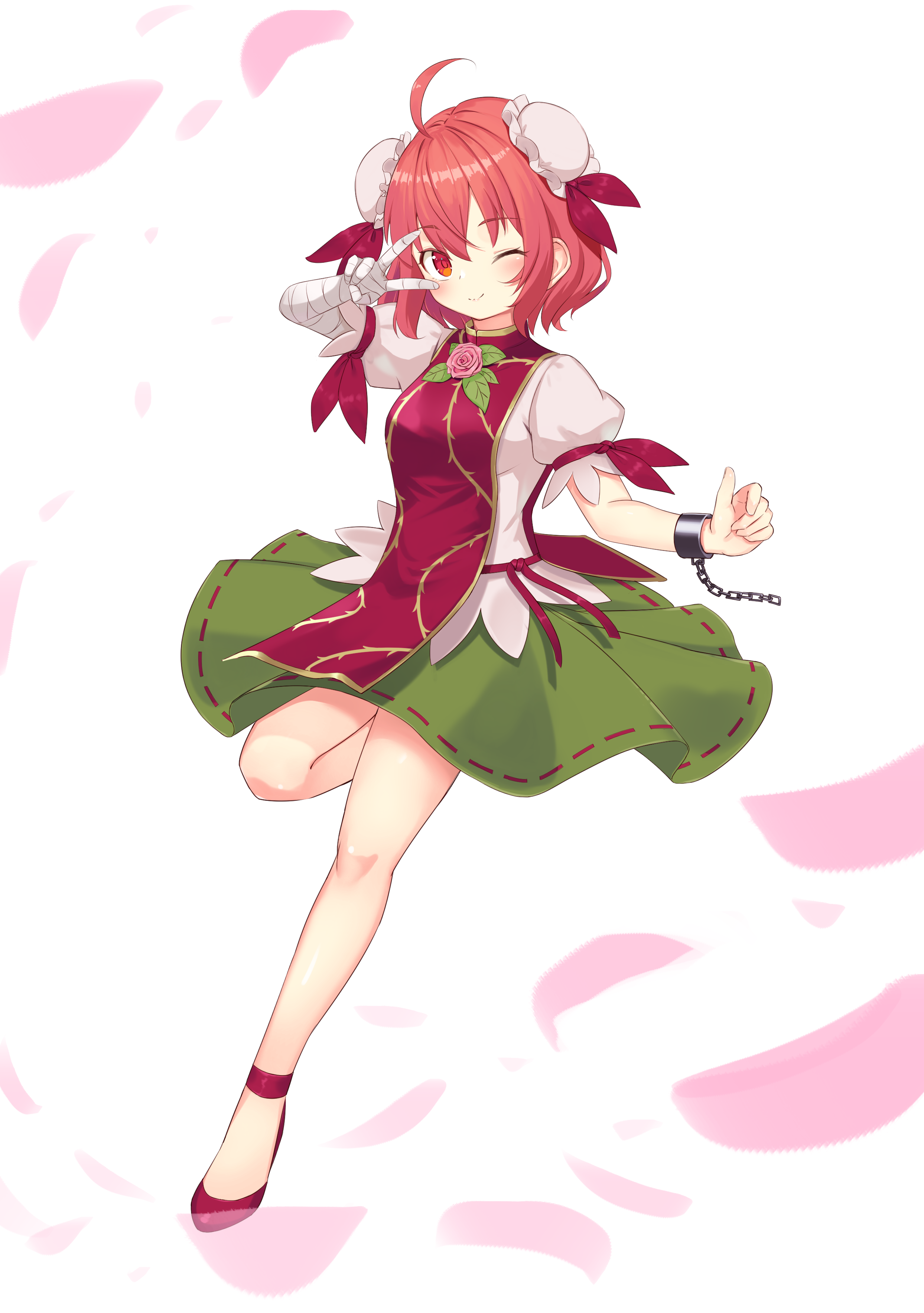 quasar631, ibaraki kasen, touhou, absurdres, commentary, highres, revision, 1girl, ahoge, bandaged arm, bandages, blush, bun cover, chain, cuffs, double bun, flower, full body, green skirt, hair bun, looking at viewer, one eye closed, petals, pink flower, pink hair, pink rose, red shoes, rose, shackles, shoes, short hair, simple background, skirt, smile, solo, standing, standing on one leg, tabard, tachi-e, v, v over eye, white background