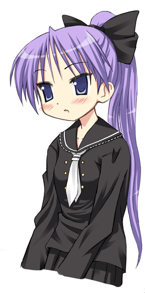 kiriya haruhito, hiiragi kagami, lucky star, 00s, 1girl, alternate hairstyle, blue eyes, blush, female focus, hair ribbon, long hair, necktie, ponytail, purple hair, ribbon, simple background, solo, white background