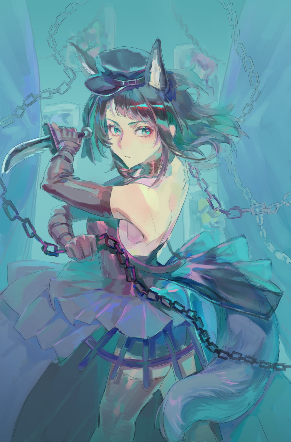 yahata umiri, yahata umiri (moonlight executioner), arknights, bang dream!, bang dream! it's mygo!!!!!, commentary, highres, symbol-only commentary, 1girl, animal ears, bare shoulders, black dress, black gloves, black hair, black hat, black thighhighs, blue background, breasts, chain, closed mouth, dress, feet out of frame, floating hair, gloves, hat, holding, holding chain, holding knife, holding weapon, kemonomimi mode, knife, looking at viewer, medium breasts, medium hair, mini hat, solo, standing, tail, thighhighs, tie quan de qinqi, weapon, wolf ears, wolf girl, wolf tail