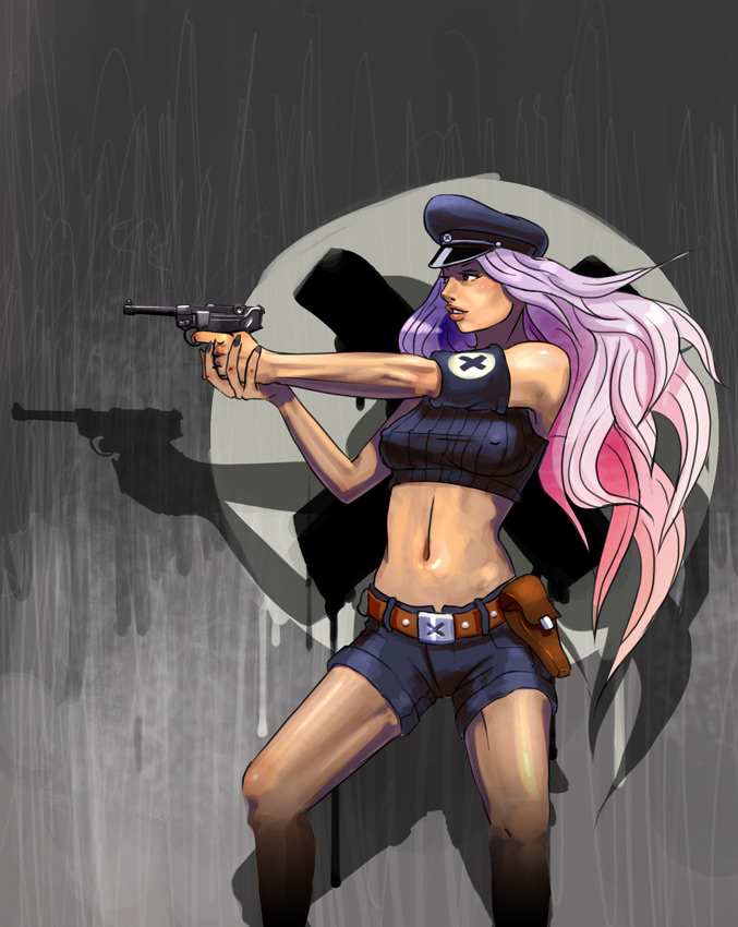 poison (final fight), capcom, final fight, 1girl, armband, breasts, female focus, gun, hat, long hair, midriff, nipples, pink hair, short shorts, shorts, solo, weapon