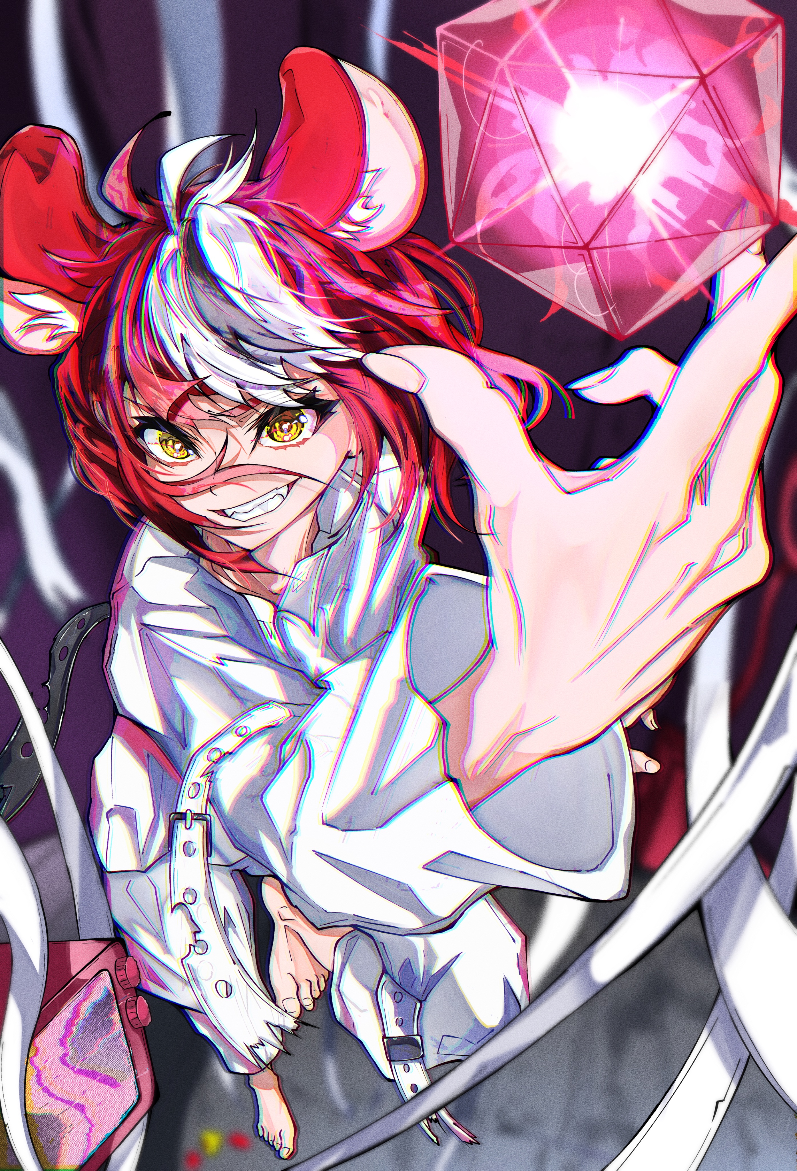gummy candy 93, hakos baelz, hololive, hololive english, absurdres, highres, 1girl, alternate costume, animal ears, black hair, blue eyes, long hair, looking at viewer, mouse ears, mouse girl, multicolored hair, psycho (hololive), red hair, sharp teeth, short hair, solo, straitjacket, streaked hair, teeth, virtual youtuber, white hair, yellow eyes