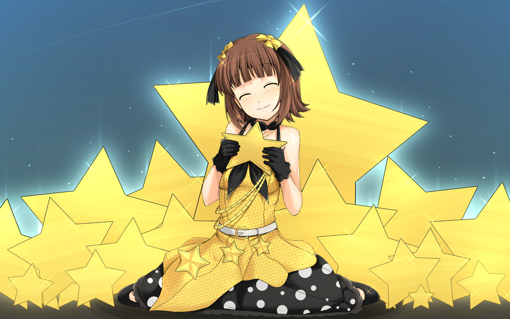 kazuto san, amami haruka, idolmaster, idolmaster (classic), idolmaster 1, live for venus, 00s, closed eyes, hair ribbon, ribbon, short hair, solo, star (symbol)