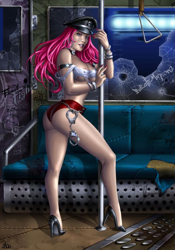 candra, final fight, ass, cuffs, handcuffs, high heels, pink hair, poison, pole dancing, shoes, train, train interior