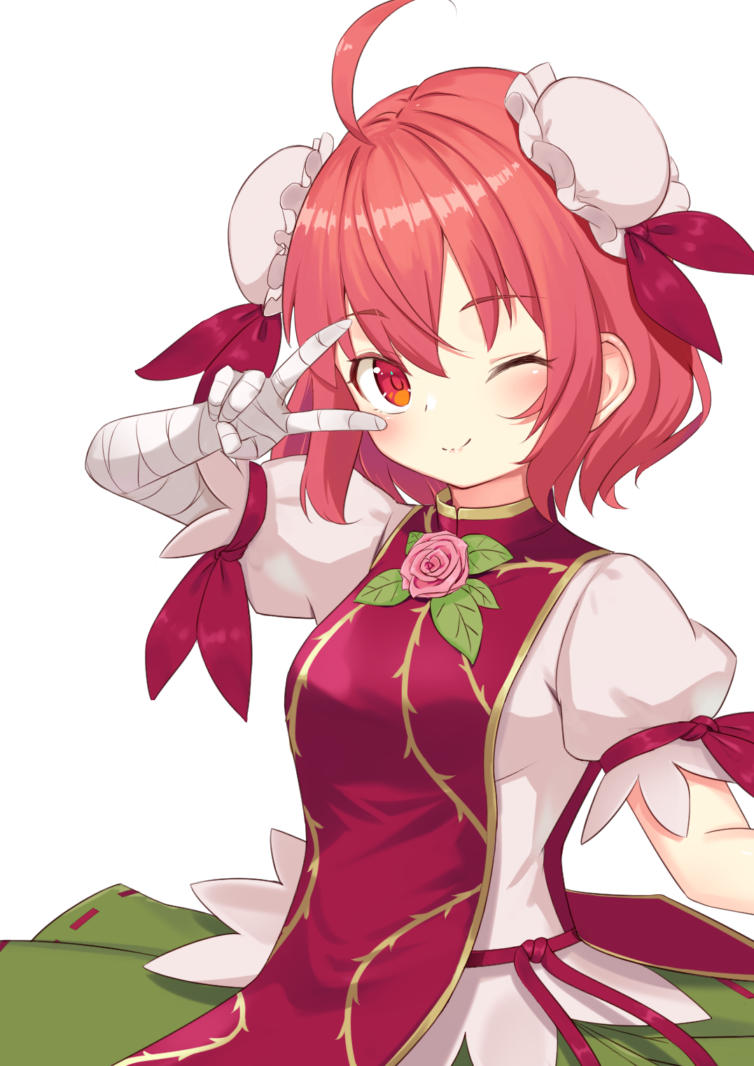 quasar631, ibaraki kasen, touhou, commentary, highres, 1girl, ;), ahoge, bandaged arm, bandages, blush, bun cover, closed mouth, double bun, flower, green skirt, hair bun, hand up, looking at viewer, one eye closed, pink flower, pink rose, red eyes, red hair, red tabard, rose, shirt, short hair, short sleeves, simple background, skirt, smile, solo, tabard, upper body, v, white background, white shirt