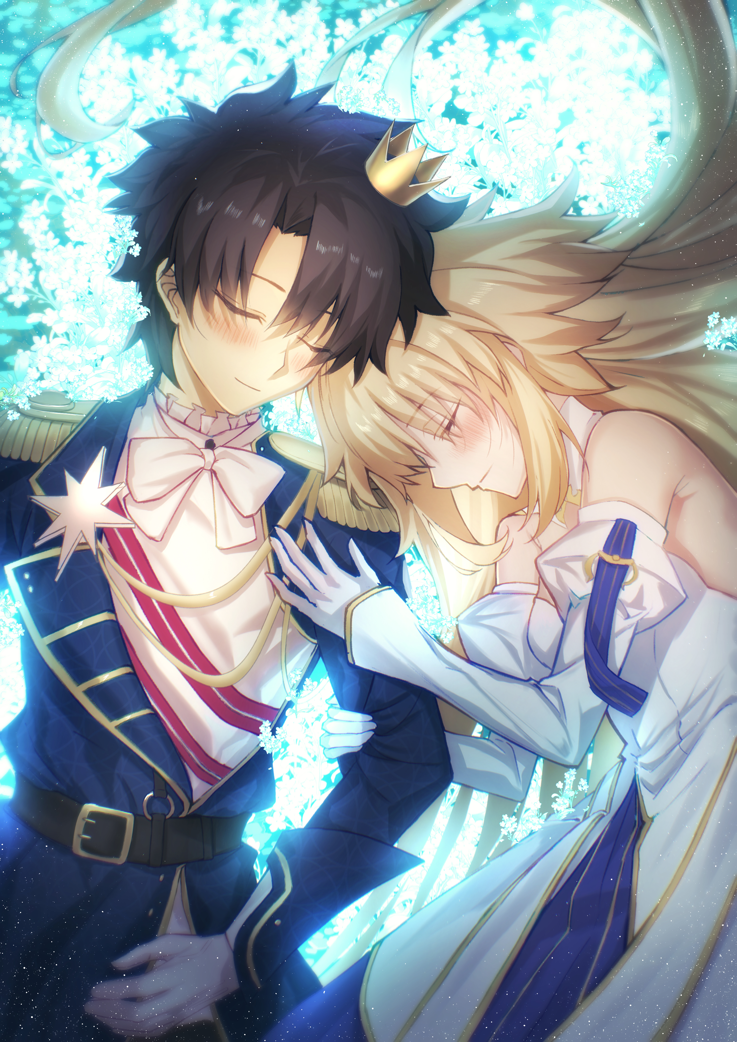 toomishou, archetype earth, arcueid brunestud, fujimaru ritsuka (male), fujimaru ritsuka (male) (halloween royalty), fate/grand order, fate (series), absurdres, highres, 1boy, 1girl, bare shoulders, black hair, blonde hair, crown, detached sleeves, dress, epaulettes, gloves, jacket, long hair, long sleeves, mini crown, official alternate costume, short hair, sleeping, smile, strapless, white dress
