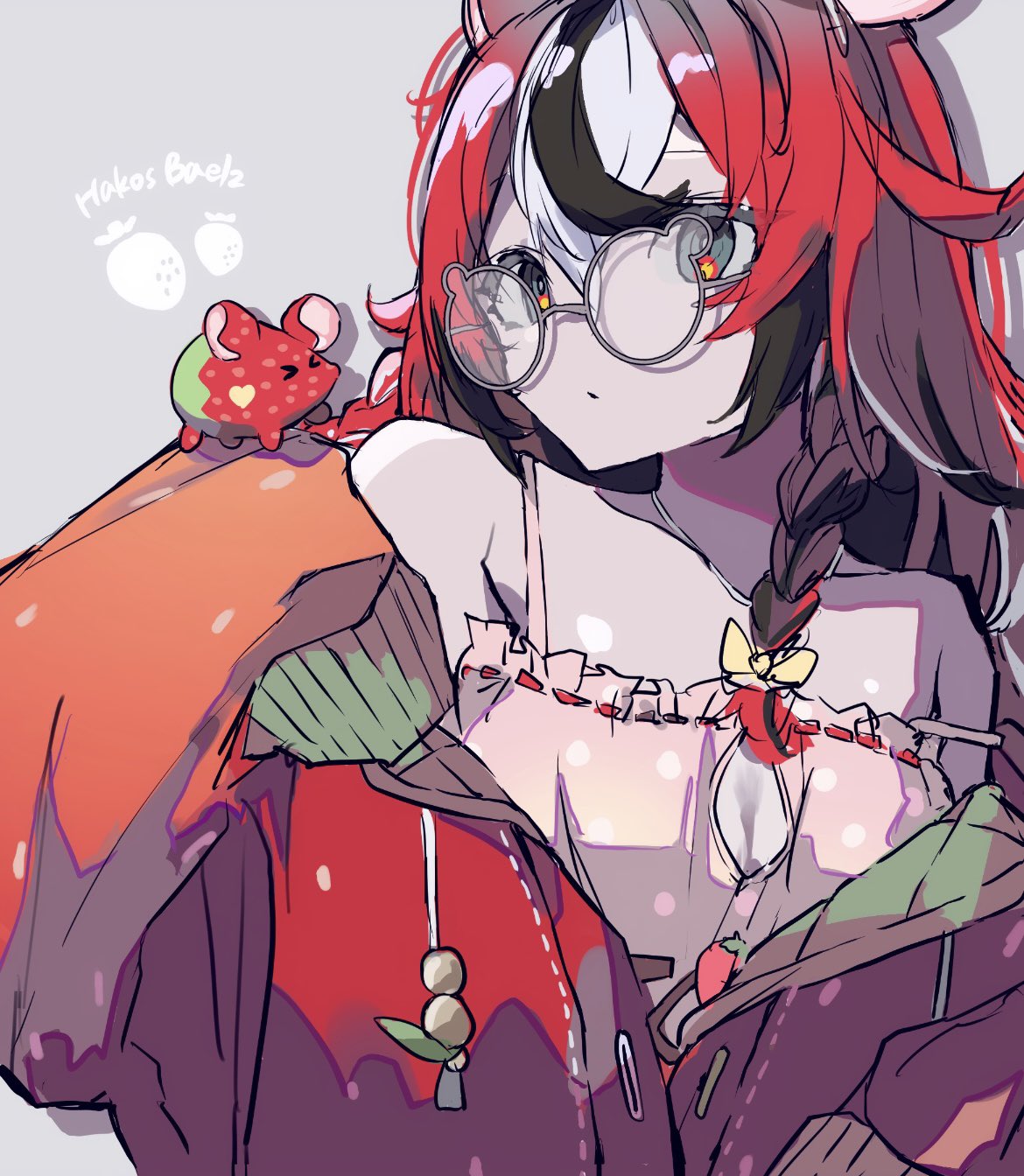 hakos baelz, hakos baelz (strawberry onesie), mr. squeaks (hakos baelz), hololive, hololive english, highres, 1girl, animal ears, black hair, blue eyes, glasses, ll112 20, looking at viewer, mouse ears, mouse girl, mouse tail, multicolored hair, official alternate costume, red hair, solo, streaked hair, tail, virtual youtuber, white hair
