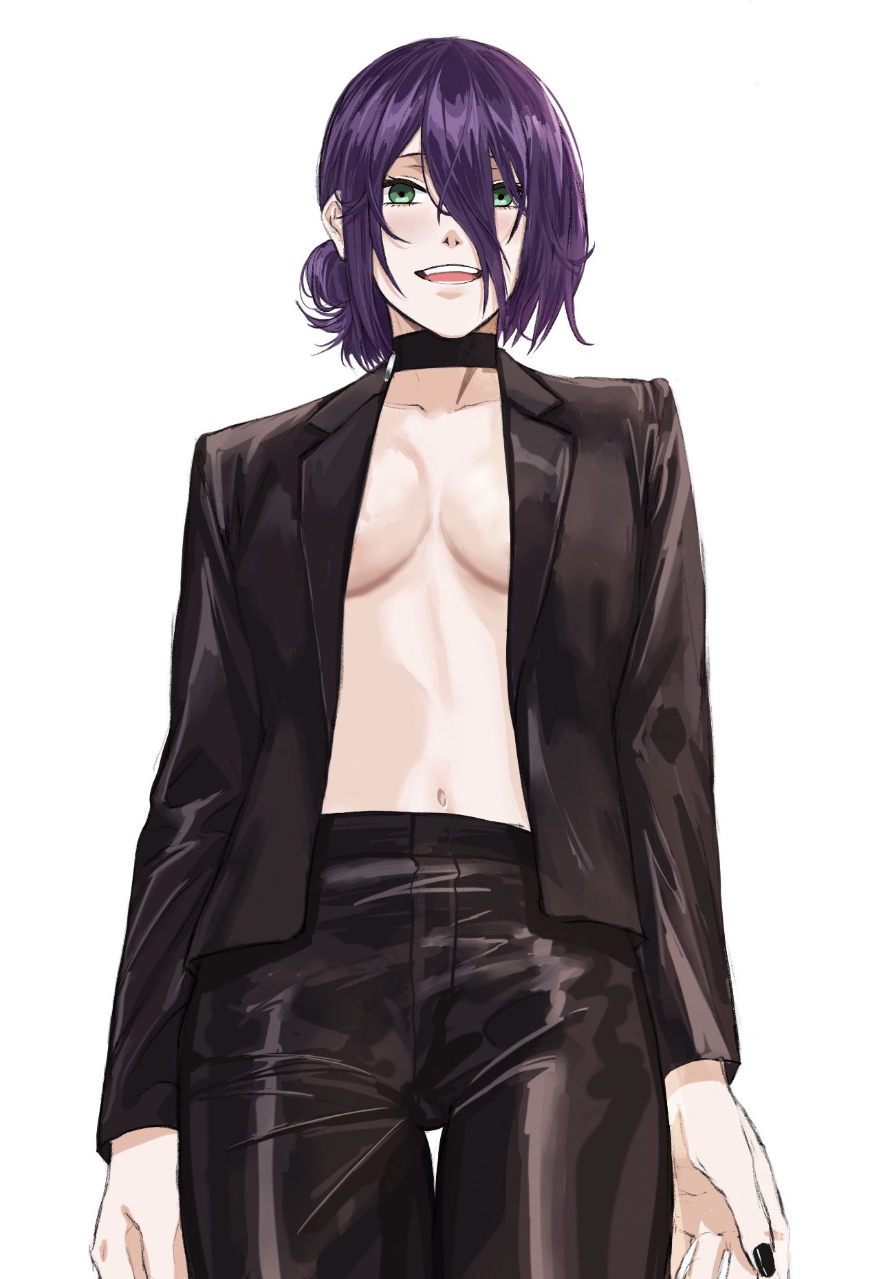 raberu ruru, reze (chainsaw man), chainsaw man, highres, 1girl, black choker, black jacket, black pants, breasts, choker, cowboy shot, green eyes, hair between eyes, hair bun, jacket, long hair between eyes, medium breasts, no bra, open clothes, open jacket, open mouth, pants, purple hair, short hair, simple background, single hair bun, solo, white background