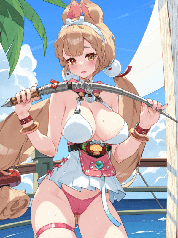 waterring, alice thymefield, alice thymefield (sea of thyme), zenless zone zero, animated, animated gif, 1girl, animal ears, bikini, blinking, blue sky, blush, bouncing breasts, breasts, brown hair, cameltoe, dress, heterochromia, holding, holding sword, holding weapon, large breasts, long hair, official alternate costume, pink bikini, rabbit ears, rabbit girl, red eyes, sky, solo, swimsuit, sword, thigh strap, thighs, twintails, very long hair, weapon, white dress, yellow eyes