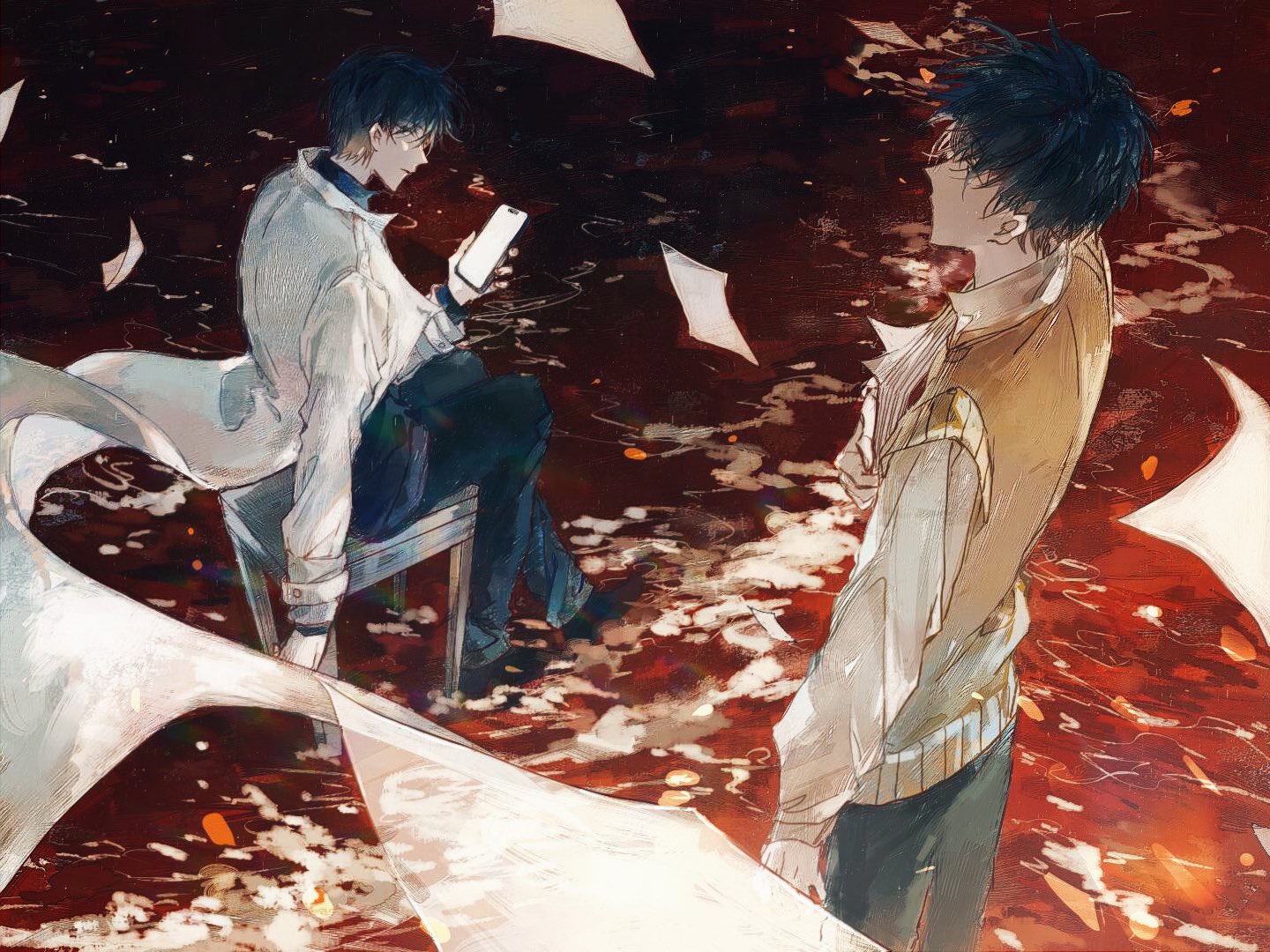 kim dokja, omniscient reader's viewpoint, 2boys, black eyes, black hair, black shirt, breathing742105, coat, dual persona, flying paper, holding, holding phone, looking at another, looking at phone, male focus, multiple boys, ocean, oldest dream, on stool, paper, phone, red water, shirt, short hair, surf, vest, waves, white coat, wind, yellow vest