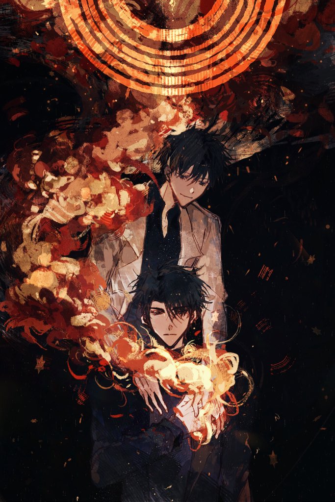 kim dokja, yoo joonghyuk, omniscient reader's viewpoint, 2boys, black eyes, black hair, black shirt, breathing742105, burning, coat, embers, hair over one eye, hand on another's shoulder, looking at viewer, male focus, multiple boys, open clothes, open coat, popped collar, shirt, short hair, smile, upper body, white coat