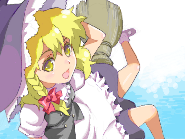 mattaku mousuke, kirisame marisa, touhou, 1girl, blonde hair, bow, braid, broom, broom riding, colored eyelashes, eyelashes, female focus, from above, hair bow, hand on headwear, hat, open mouth, side braid, smile, solo, water, witch hat, yellow eyes