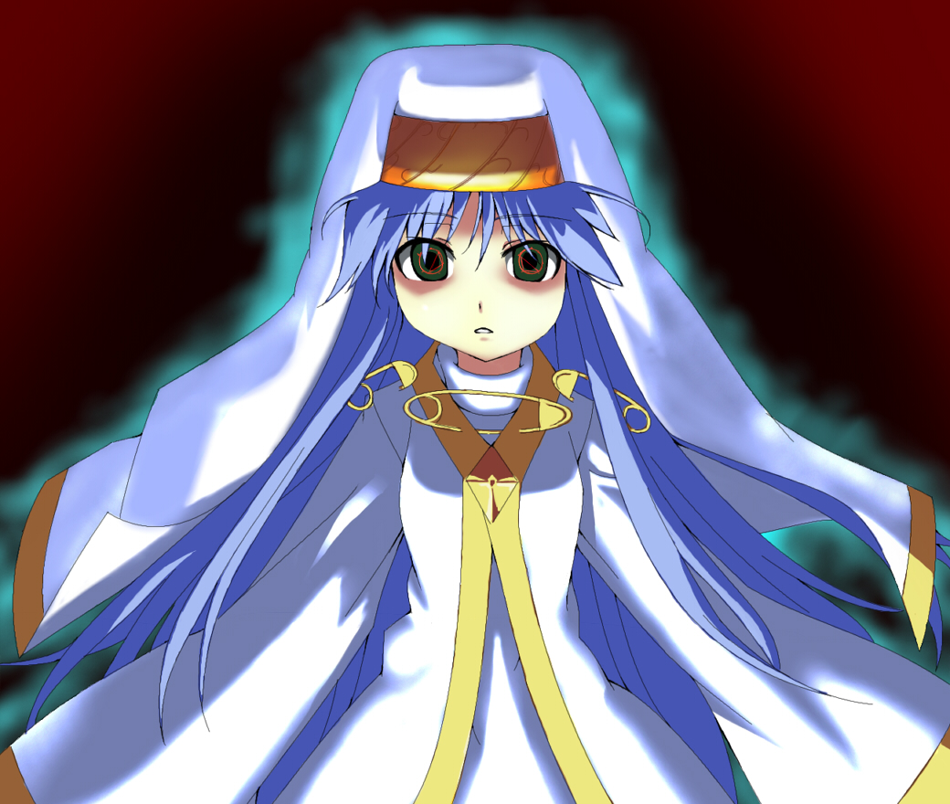 grune, dark index, index (toaru majutsu no index), toaru majutsu no index, toaru majutsu no index: old testament, 00s, 1girl, @ @, aura, bags under eyes, blue hair, dress, empty eyes, expressionless, female focus, glowing, gradient background, green eyes, long hair, long sleeves, looking at viewer, open mouth, solo, upper body, veil, very long hair, white dress, wide sleeves