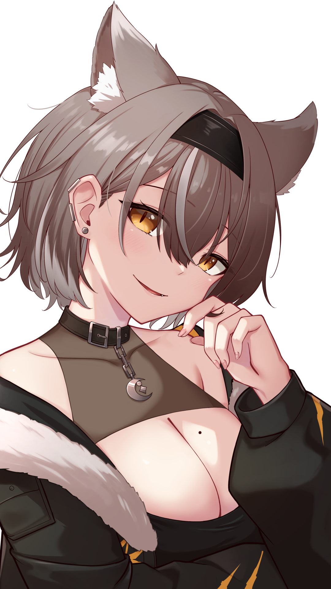 quasar631, character request, commentary request, copyright request, highres, 1girl, animal ear fluff, animal ears, bare shoulders, black jacket, breasts, brown hair, cleavage, collarbone, hair between eyes, jacket, large breasts, long sleeves, looking at viewer, mole, mole on breast, open clothes, open jacket, parted lips, short hair, simple background, slit pupils, smile, solo, upper body, virtual youtuber, white background, yellow eyes