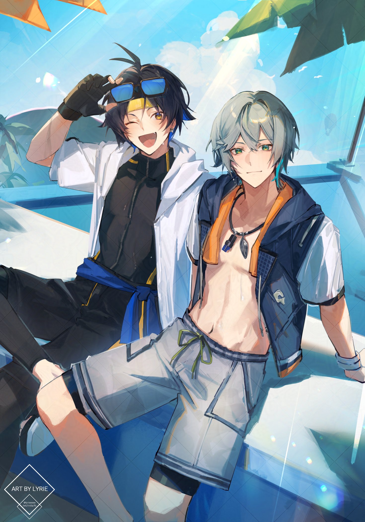 lyrie luna, asaba harumasa, wise (peaceful waves) (zenless zone zero), wise (zenless zone zero), zenless zone zero, highres, 2boys, adjusting eyewear, aircraft, armband, black hair, black wetsuit, blue sky, blue wetsuit, closed mouth, clothes around waist, cloud, earrings, eyewear on head, fingerless gloves, gloves, green eyes, grey hair, grey shorts, hair between eyes, hand on eyewear, headband, hollow (zenless zone zero), hot air balloon, jacket, jewelry, looking at viewer, multiple boys, navel, necklace, one eye closed, open mouth, palm tree, short hair, shorts, sitting, sky, stomach, sunglasses, sweat, toes, tree, white armband, white jacket, yellow eyes, yellow headband