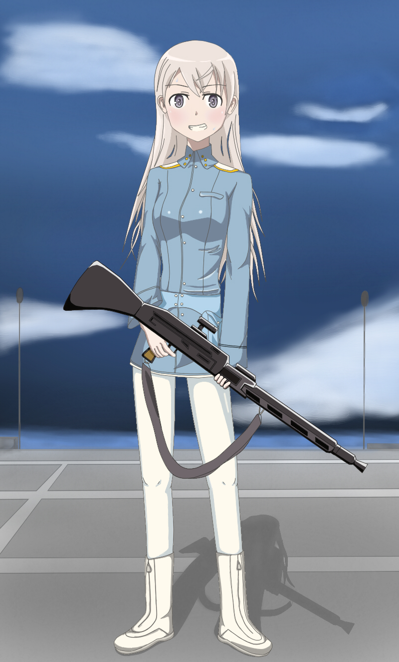 amder, eila ilmatar juutilainen, strike witches, world witches series, uniform, bad id, bad pixiv id, highres, 00s, 1girl, blue eyes, female focus, grin, gun, long hair, machine gun, mg42, pantyhose, smile, solo, weapon, white pantyhose