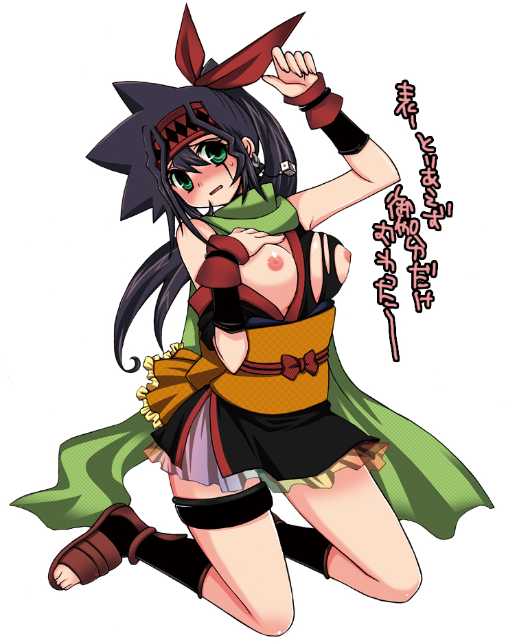 mari ru, mariru, otogi ryuuji, yu-gi-oh!, yu-gi-oh! duel monsters, bad id, bad pixiv id, translation request, 1girl, black hair, blush, breasts, corset, dress, female focus, genderswap, genderswap (mtf), green eyes, headband, kneeling, large breasts, long hair, nipples, sandals, scarf, solo, thigh strap